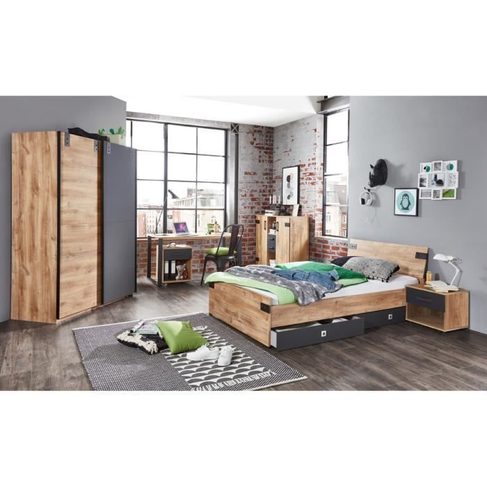 Ensemble chambre adulte complete Imitation chene poutre, rechampis graphite - 140 x 200 cm