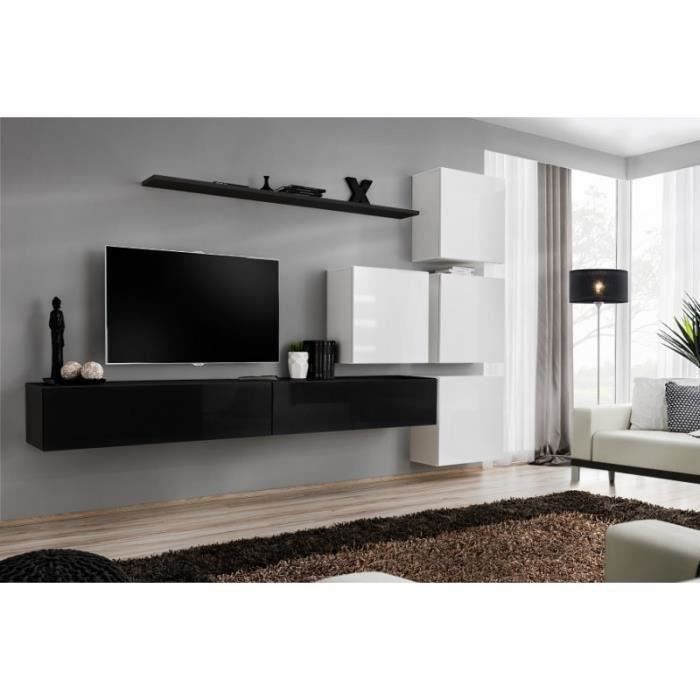 Meuble TV mural SWITCH IX design, coloris noir et blanc brillant. 40 Noir