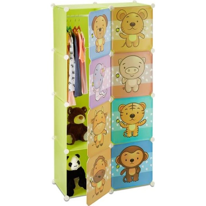 Relaxdays Étagère rangement enfants casier modulable plastique animaux penderie armoire tringle, coloré