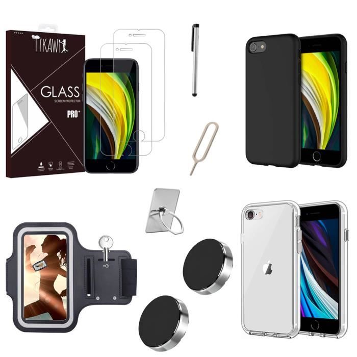 Tikawi Lot 10 Accessoires Iphone SE 2022 / 2020 : Coques, Verres trempés, Supports voiture, Brassard de sport, Stilet, Ejecteur sim