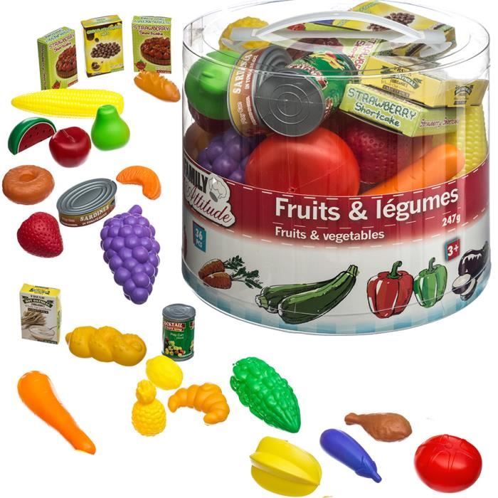 Jeu Imitation Marchand - 36 Accessoires pour épicerie et caisse enregistreuse - Fruits et Légumes, Croissants, Pain...