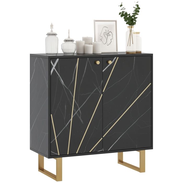 Buffet de rangement - HOMCOM - avec 2 portes et étagère réglable - pieds en métal - 76 x 35 x 77 cm - ton marbre noir
