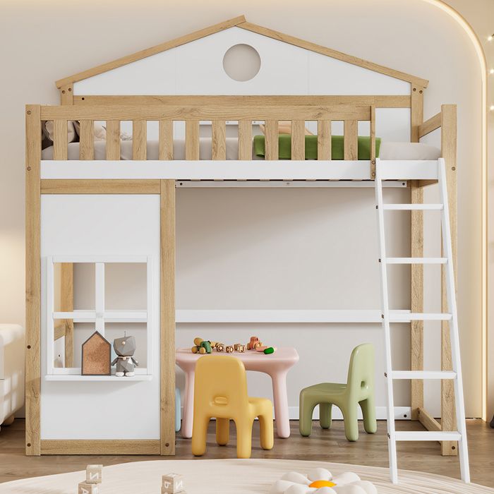 Lit Mezzanine superposé Lit cabane 90x200 cm Lit avec escalier avec protection contre les chutes et barrières Blanc+Naturel Lit Mezzanine superposé Lit cabane 90x200 cm Lit avec escalier avec protection contre les chutes et barrières Blanc+Naturel