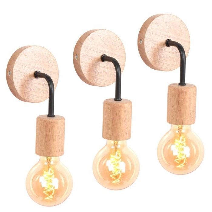 WOTTES Lot de 3 Applique Murale Intérieur E27 Noir Lampe Murale en bois Luminaire Eclairage Décor Couloir Escalier