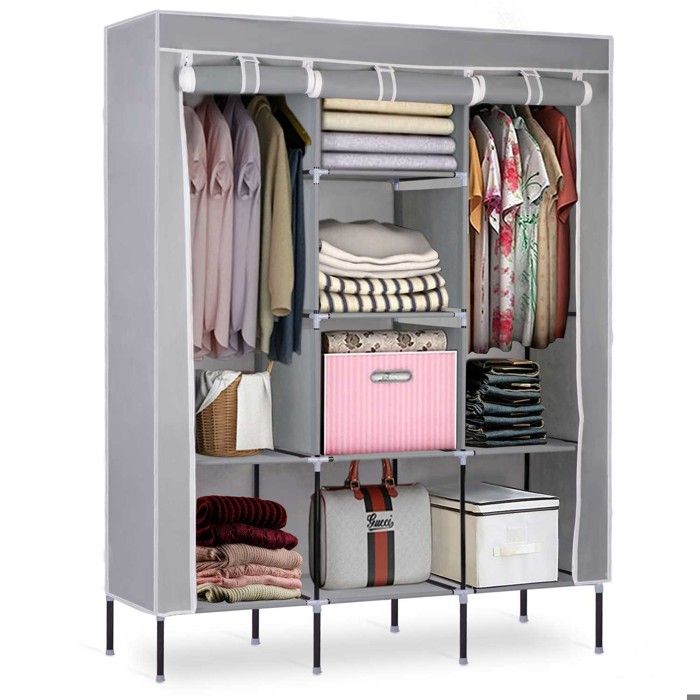 Armoire textile - JANSHOP - Massido - 45x130x175 cm - Gris - 8 étagères - 2 tringles - Structure en acier