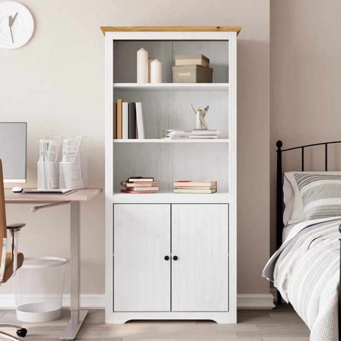 SALE 2025Bibliothèque Moderne - Colonne Étagère BODO blanc and marron 82x40x173 cm bois massif pin 32 Kg 5583