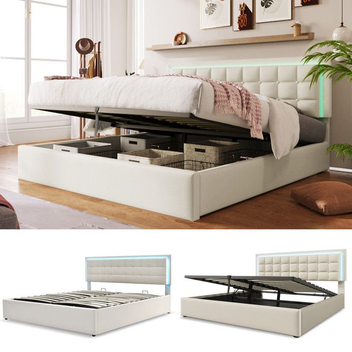 Lit double 140x200 cm - Éclairage LED - Rangement intégré - Cuir artificiel - Design moderne