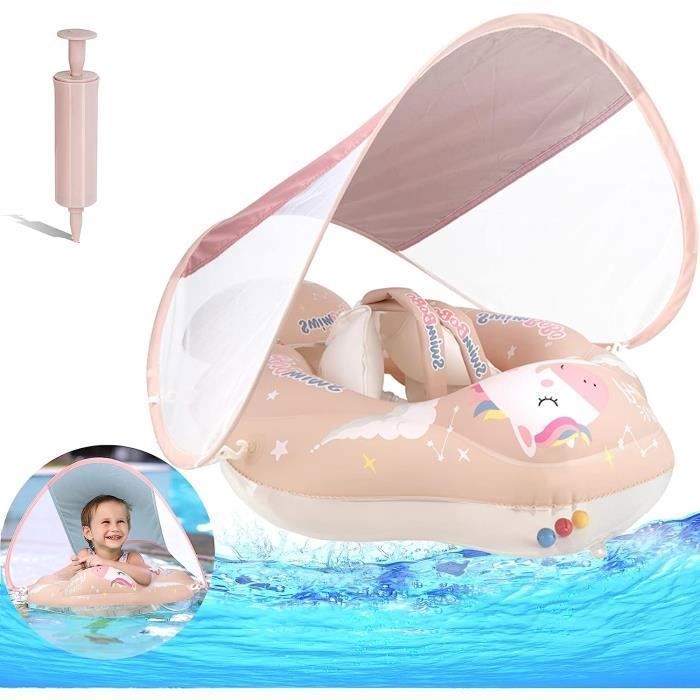 Bouée Bébé Requin Rose Aischens – Pare-Soleil UPF 50+ Amovible – Anti-Retournement 360° – Pour 12-36 Mois (7-15 Kg)
