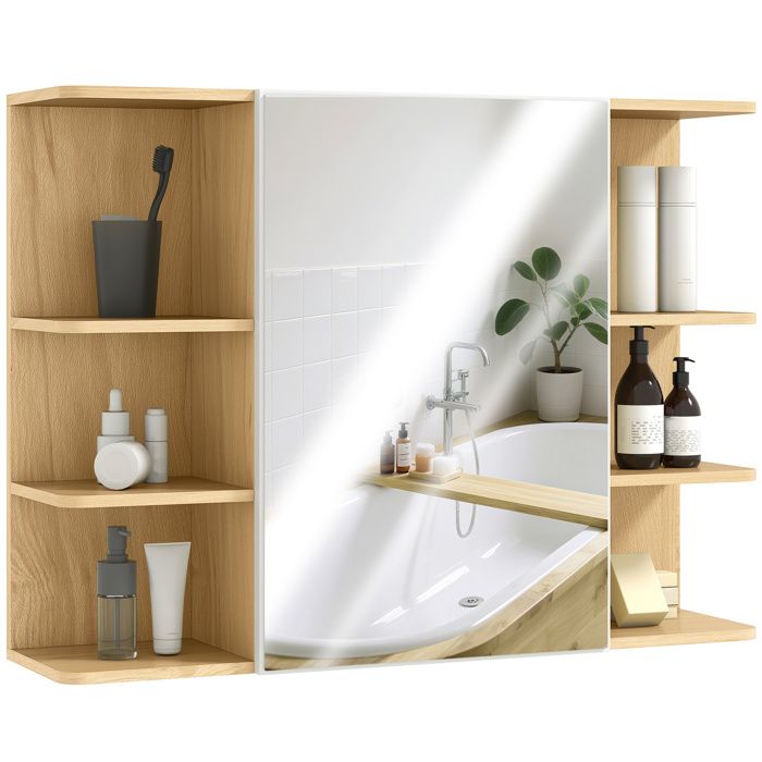 Armoire murale salle de bain avec miroir - HOMCOM - étagères ouvertes - panneau de particules - 80 x 20 x 59 cm - bois naturel