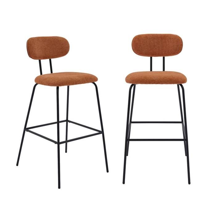 2 tabourets de bar décor bois courbé teinté noyer et tissu déperlant terracotta. pieds métal noir mat (lot de 2) - L 44 x P 51 x H