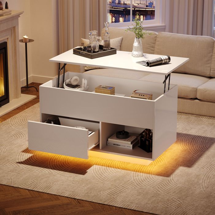 Lemonbest Table basse Relevable LED 100 × 50 × 55 cm table de salon avec tiroir et Rangements Multicouches Blanc