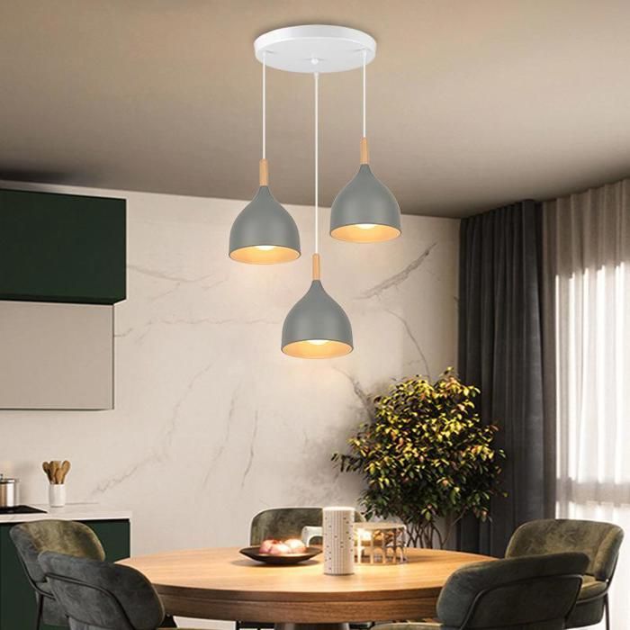 Lustre Suspension - 3 Lampes Rétro - Gris - Métal et Bois - E27, Ø17 cm ...