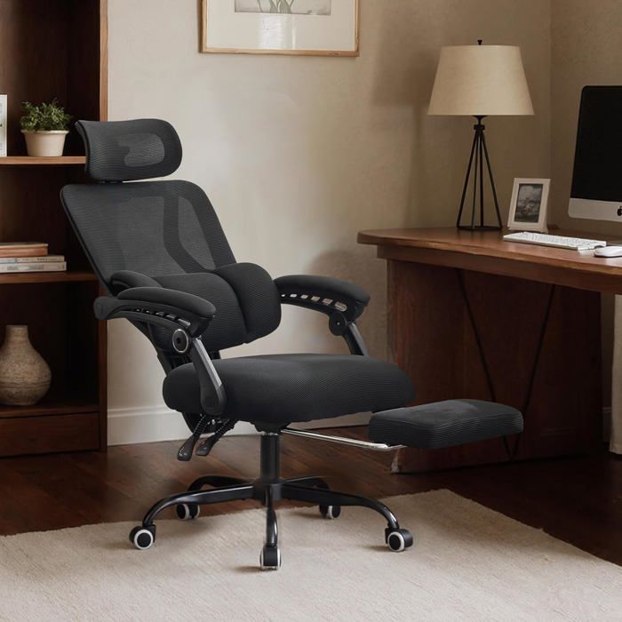 GOOBUY Chaise Bureau Ergonomique Fauteuil avec Appui-tête et Repose-Pieds Support Lombaire Réglable Capacité 150kg Noir