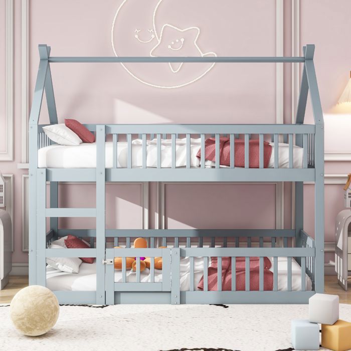 Lit superposé cabane pour enfants - 90x200 cm - Garde-corps haut - Gris - Bois massif - Escalier intégré - Certifié EN747