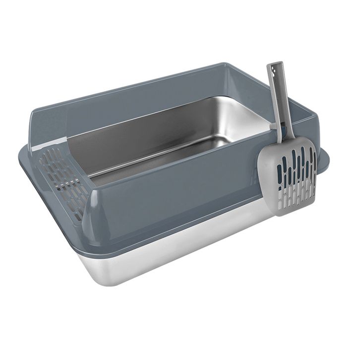 Comparer les prix de KEDIA Bac à Litière Chat en INOX Anti-Fuite à Bords Hauts Design Ouvert Facile à Nettoyer avec Pelle Incluse 50*35*24cm