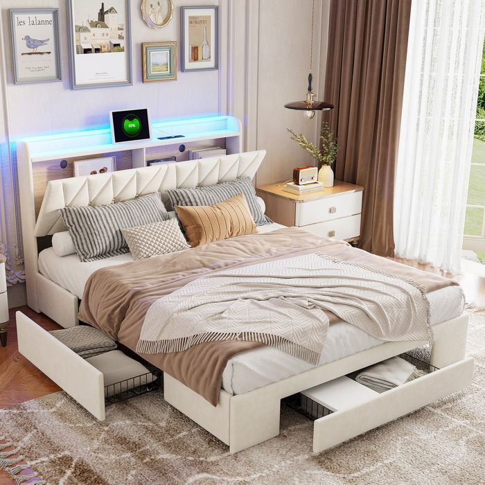 Lit Double Rembourré 140x190 cm Lits 2 Personnes avecumières LED et Port USB Sommier Relevable Velours Beige Sans Matelas.