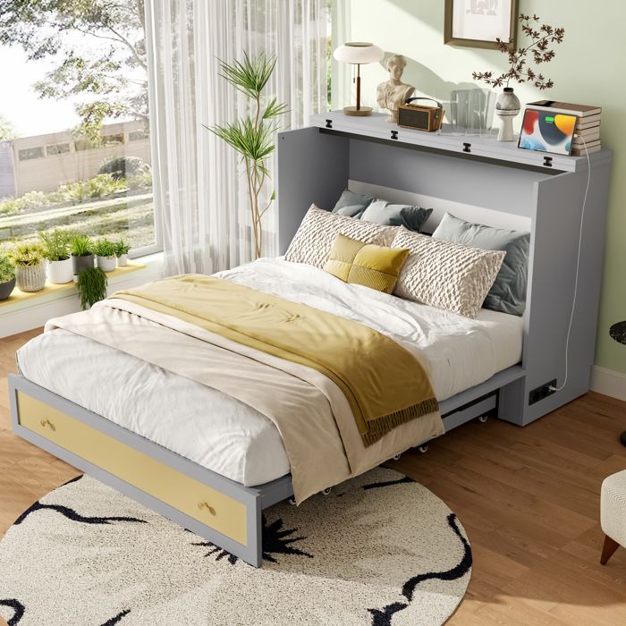 Lit escamotable Maisentiel 140x200 gris avec tiroirs étagère prises USB et prise électrique