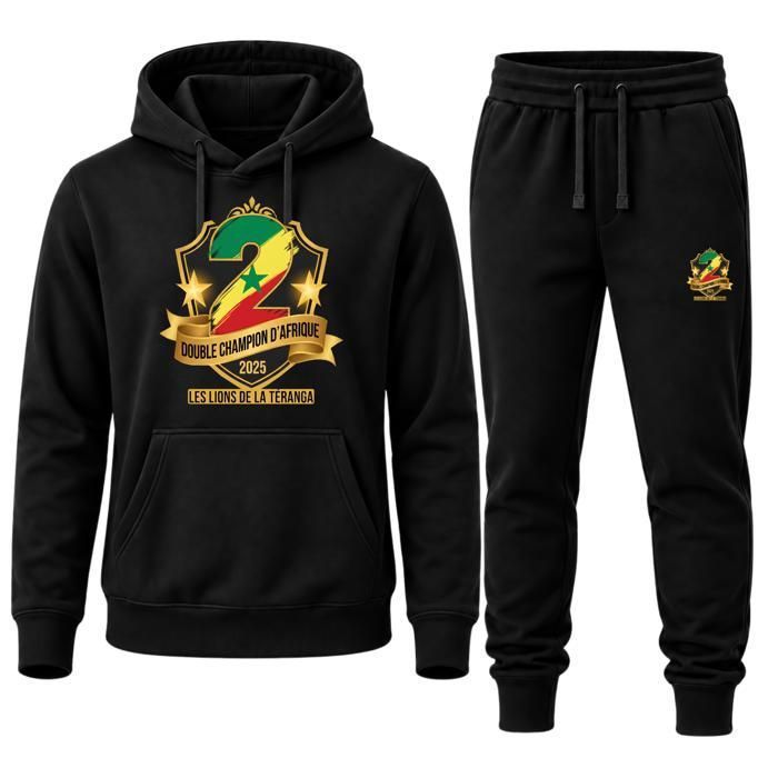 Survêtement - NPZ - Inspiré Sénégal 2025 - Noir - Blason Double Champion dAfrique - Ensemble sweat & pantalon