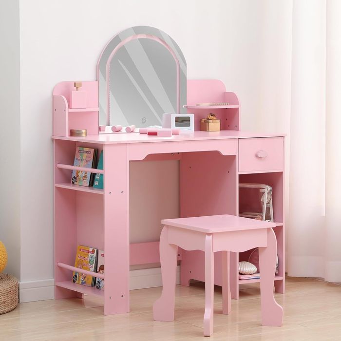 Coiffeuse pour Enfants avec Tabouret et Miroir LED Petite Table De Maquillage avec Tiroir Et 2 Compartiments Ouverts 3-6 Ans Rose