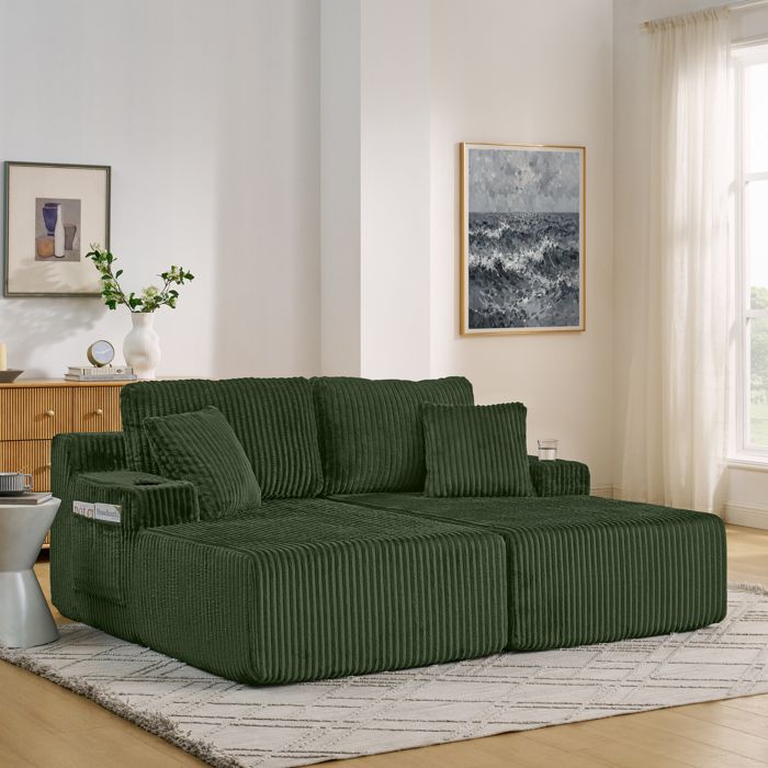 Canapé modulaire 2 places avec poche latérale porte gobelet et coussins amovibles mousse vert