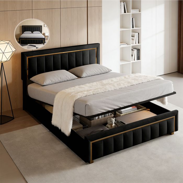 lit 140x200 avec sommier et coffreUTTQEWlit Capitonné Lit Double avec levier hydraulique Velours Noir