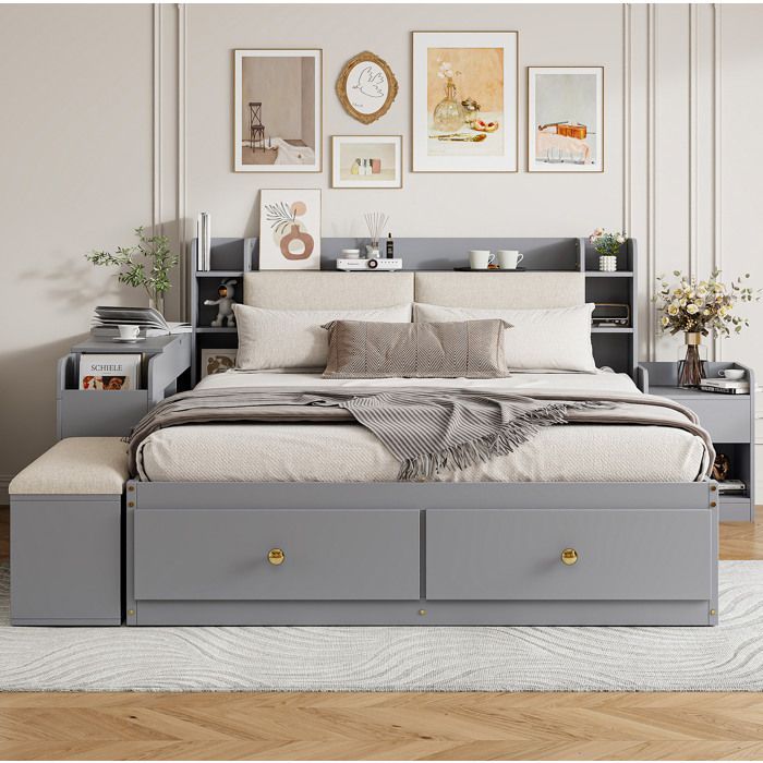 Lit combiné Double 140×200 cm 2 tiroirs et rangements - YEAVIO - sans matelas bois gris banquette