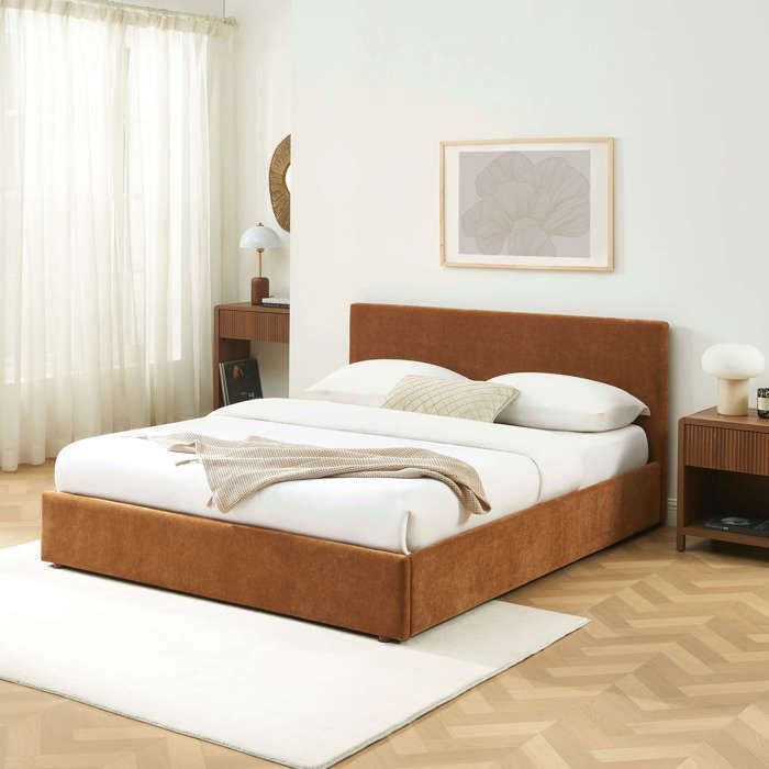 Lit coffre VANIA 160x200 tissu marron sommier inclus Lit coffre VANIA 160x200 tissu marron sommier inclus