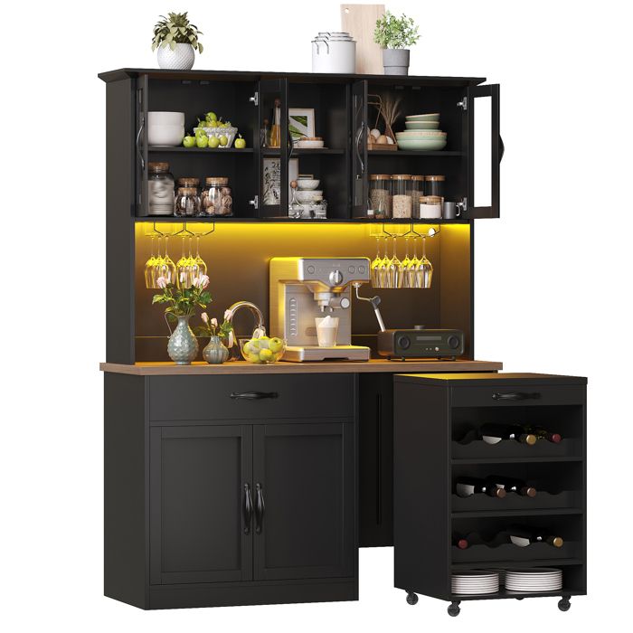 Buffet de cuisine - Armoire haute 140 cm - Éclairage LED dimmable - Chariot roulant amovible - Porte‑verres & support 9 bouteilles