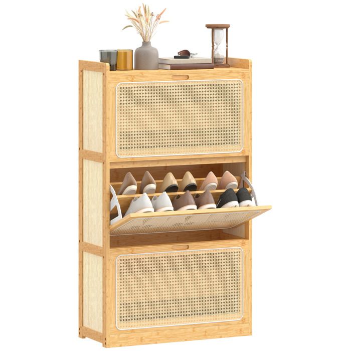 Meuble à chaussures - HOMCOM - 14 paires - 3 tiroirs rabattables étagères réglables - bambou - 69x29x1198cm - bois naturel
