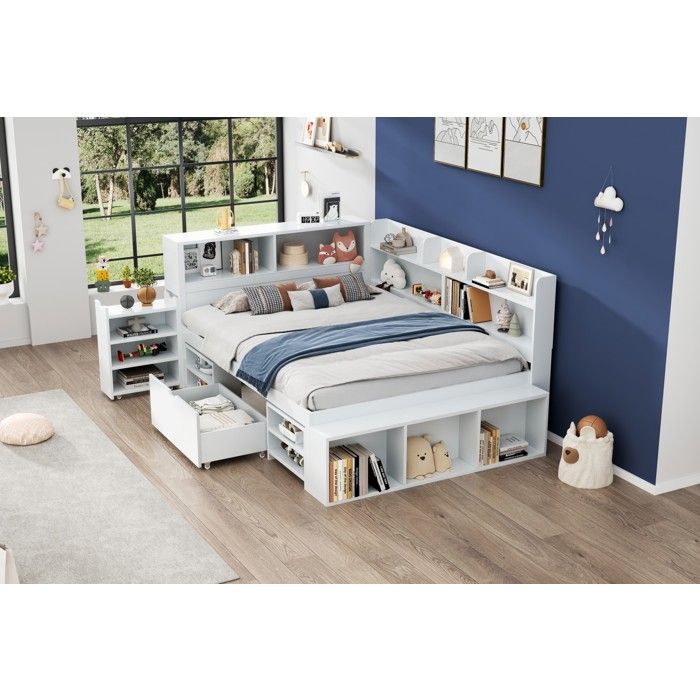 Lit Enfant 140x200 cm avec Rangement Tiroirs et Étagères Multifonctionnel Blanc Sommier à Lattes Inclus Sans Matelas