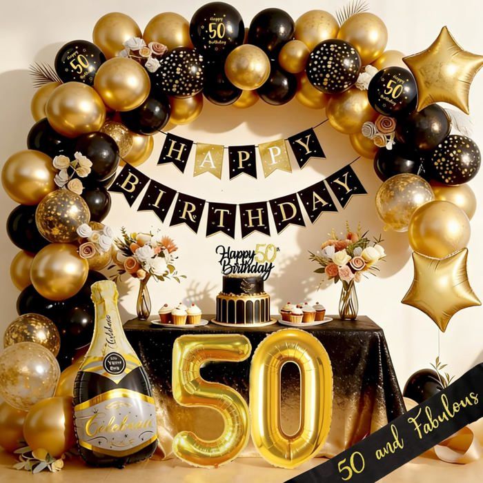Décorations danniversaire 50 ans pour hommes et femmes - Ballons de fête noir et doré - Adaptables pour arche à ballons