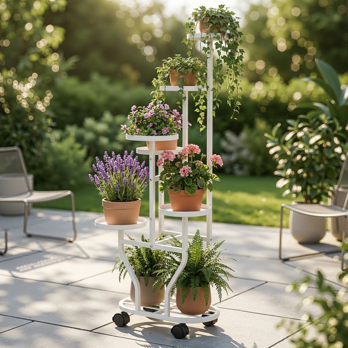 Support plantes intérieur 6 niveaux Porte-plante à roulettes design moderne Étagère à plantes mobile pour salon balcon ou jardin