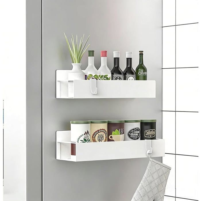 2 Pièces Etagere Magnetique Étagères Aimantée Frigo avec 4 Crochets Gain de Place Blanc Range Epices Cuisine Mag MEUBLE A EPICES