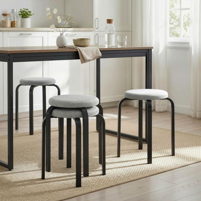 Lot de 4 tabourets empilables ronds rembourrés sans dossier gris pour cuisine et salle à manger