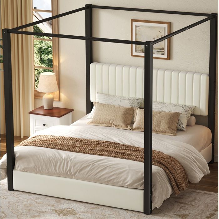 Lit à baldaquin capitonné 180 x 200 cm beige et noir en MDF métal et velours avec tête de lit et lattes