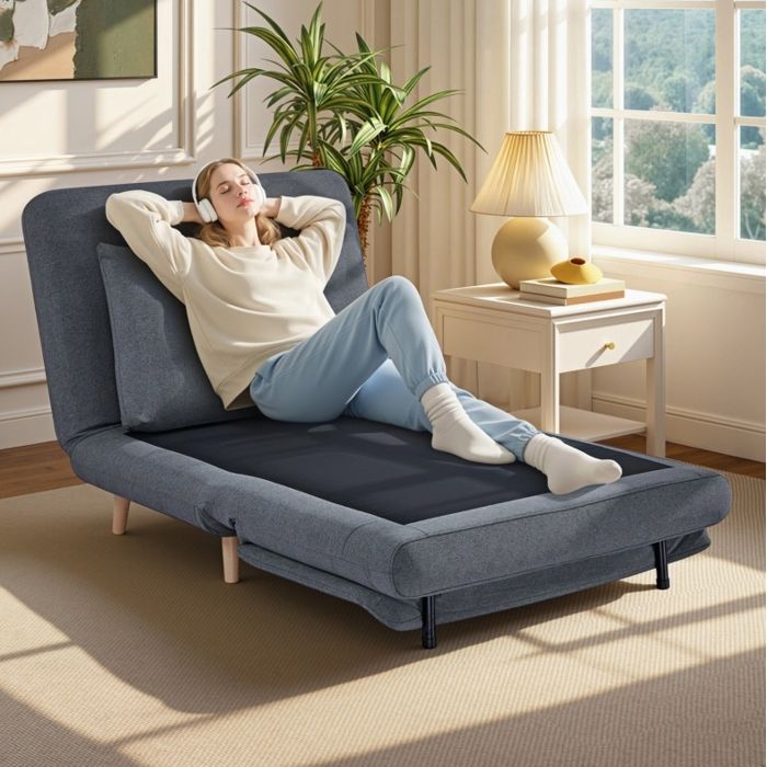 Fauteuil convertible 3 en 1 1 place clic-clac gris dossier réglable coussin inclus polyester et hêtre massif
