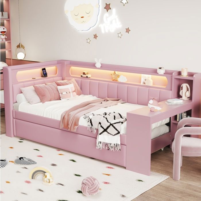 DESVIAE Lit de jour rembourré 90 x 200 cm rose avec lit gigogne bureau intégré étagères USB et LED
