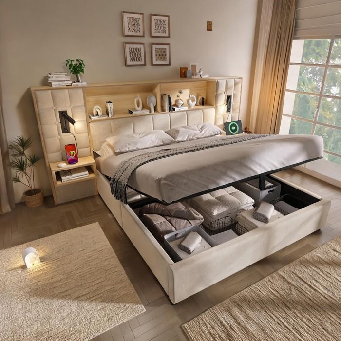 Lit système 180x200 cm en lin beige avec rangement chevets intégrés LED et ports USB-C