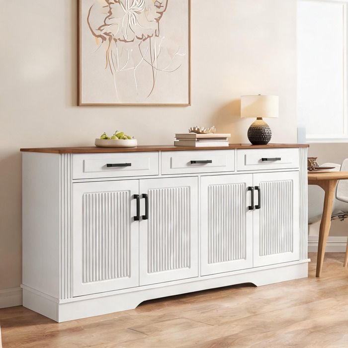 Bahut de rangement en MDF blanc 160 cm design 3D à rainures verticales 3 tiroirs et 4 portes pour salon ou salle à manger