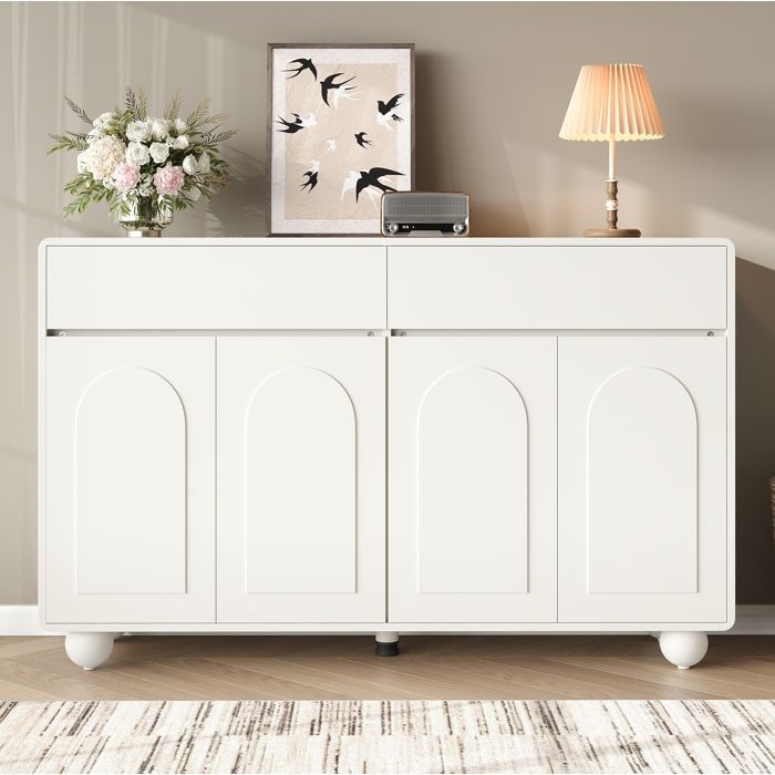 MEUBLIV Buffet bas blanc 140 x 38 x 89 cm 2 tiroirs 4 portes arquées étagères réglables MDF et PB