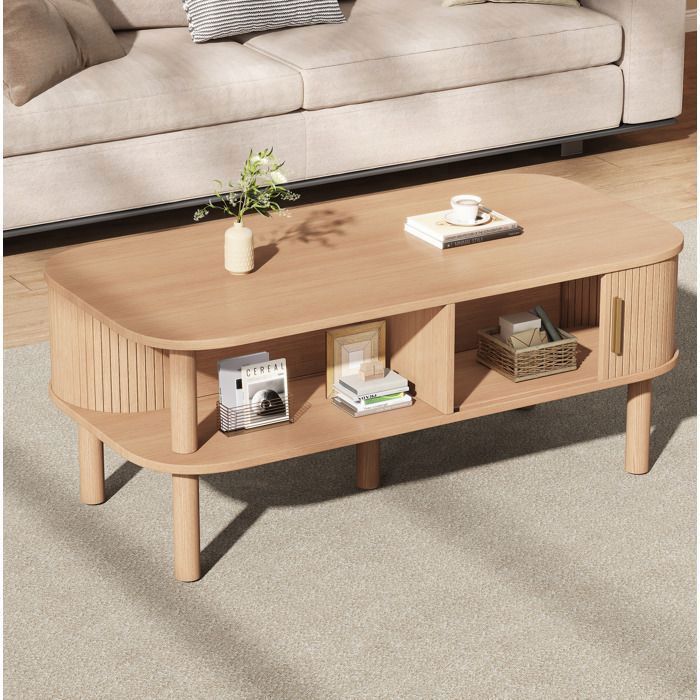 COVREO Table basse scandinave 110 x 55 x 45 cm avec porte coulissante et rangement en MDF couleur bois naturel