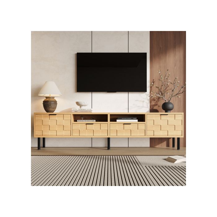 Meuble TV 200x35x44 5 cm pour TV 80 pouces 2 portes battantes 2 tiroirs 2 niches ouvertes décor carré 3D bois naturel