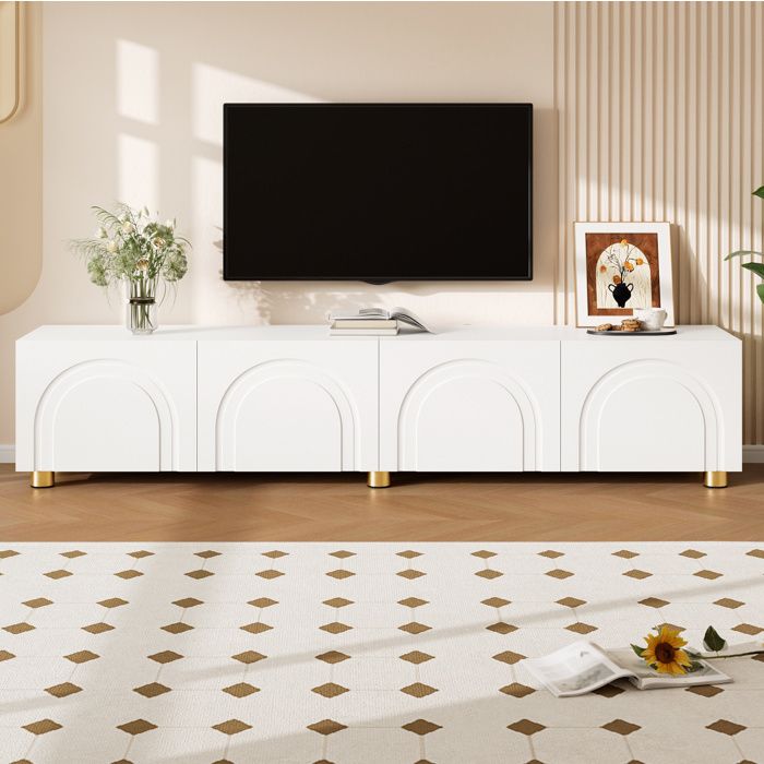 Meuble TV bas 4 portes avec relief en arc rangement de salon blanc en MDF et panneaux PB 180 x 35 x 40 cm Grjofek