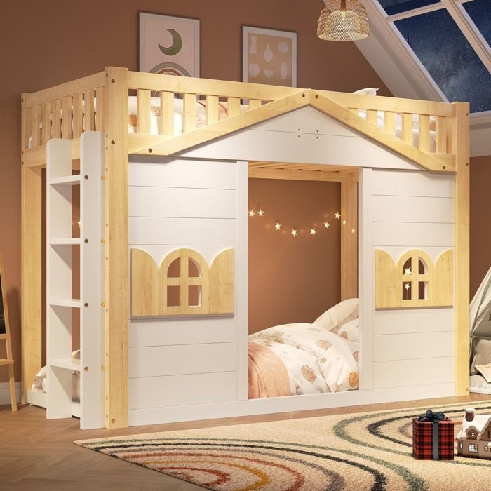 Lit mezzanine 90x200cm lit superposé lit enfant lit en bois forme fenêtrecouchage ou espace de jeux en dessousblanc et naturel