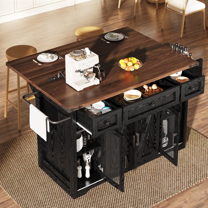 Desserte de cuisine 3 tiroirs 3 portes prise intégrée et plan extensible - YEAVIO - sur roulettes noir 1202×75×915 cm