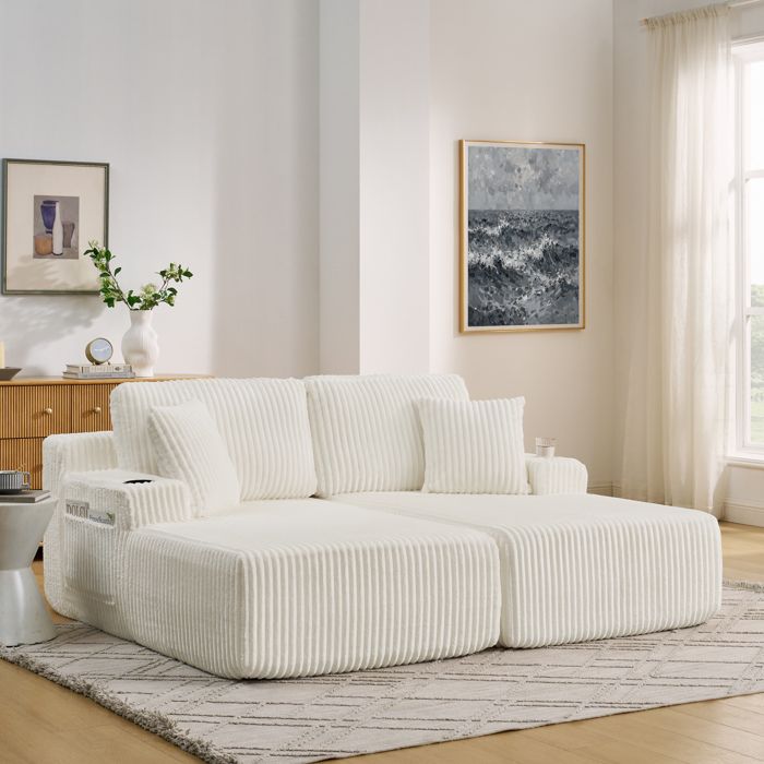 WUVRIE Canapé convertible 2 places beige en mousse tissu côtelé doux avec porte-gobelet et poche latérale