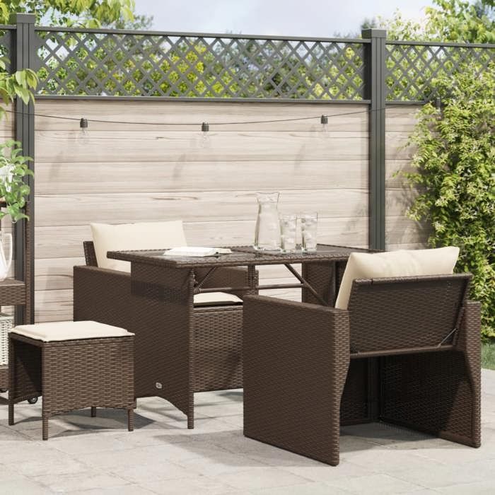 Brun Salon de jardin 4 pcs avec coussins marron résine tressée - Meuble de balcon LV58939