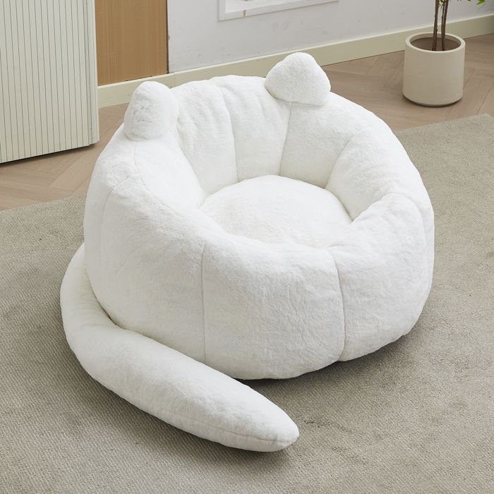Fauteuil Enfant Chat en Peluche 112x112x77 cm - Pouf Canapé - Mousse - Sans Montage - Blanc