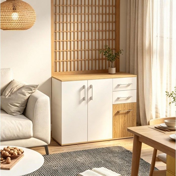 Buffet bas – sideboard de rangement 3 portes 2 tiroirs – blanc et naturel – 90 x 30 x 75 5 cm