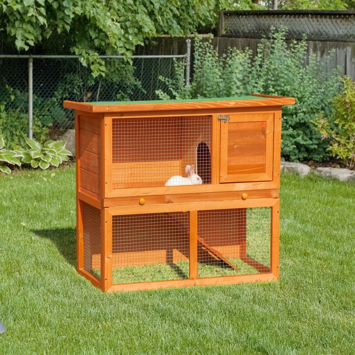 Clapier extérieur - 90 x 45 x 80 cm - Bois sapin massif - Toit bitumé - 2 niveaux avec rampe